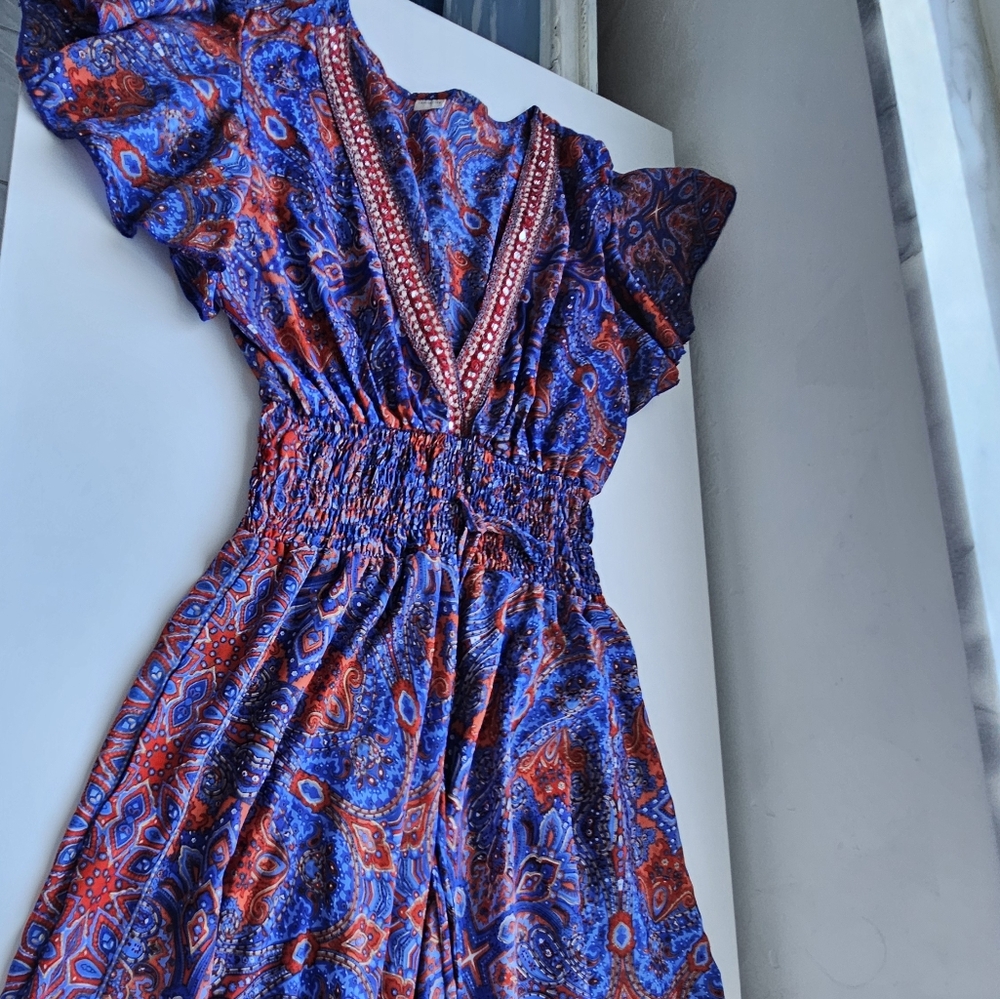 Art Silk Made In India Purple & Red Jeweled Smoked Boho Flutter Sleeve Dress - Picture 9 of 14